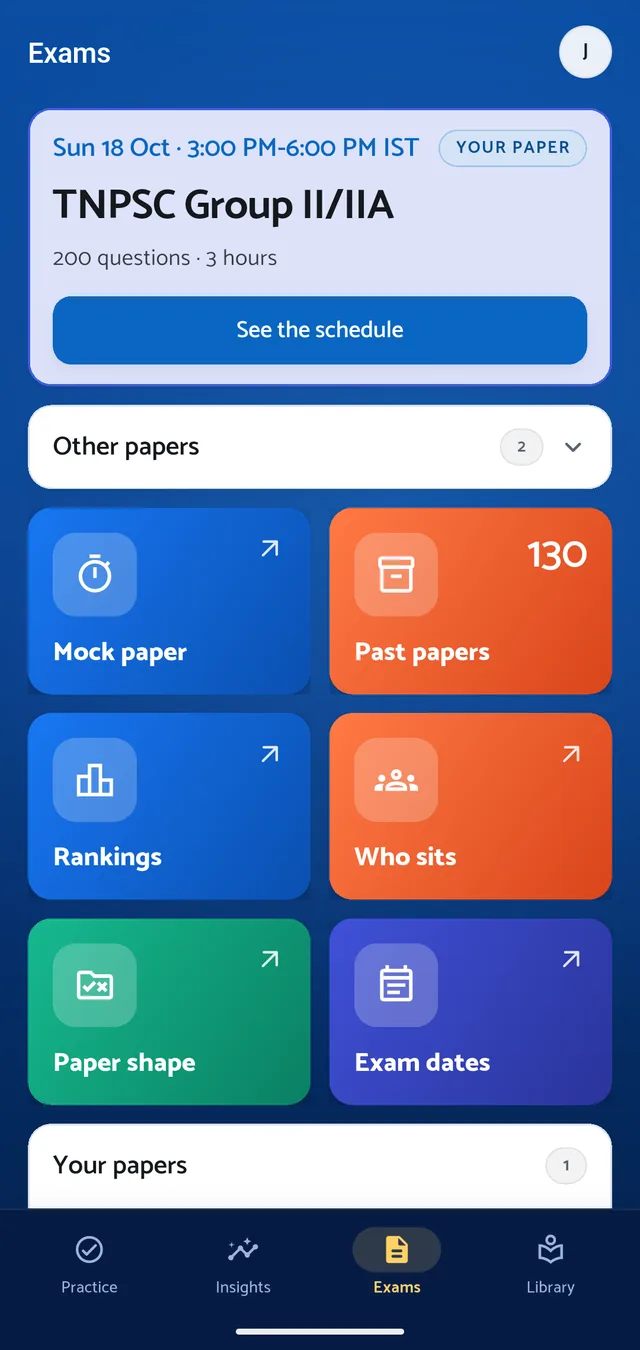 The ClearTNPSC Exams tab showing this Sunday’s shared paper, 3 to 6 PM, with mock papers, rankings and 130 past papers