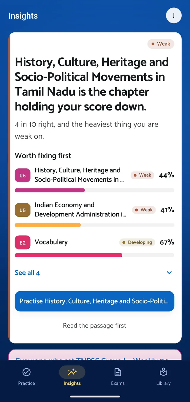 The ClearTNPSC Insights tab naming the Tamil Nadu history chapter as the one holding the score down, with the weak chapters worth fixing first
