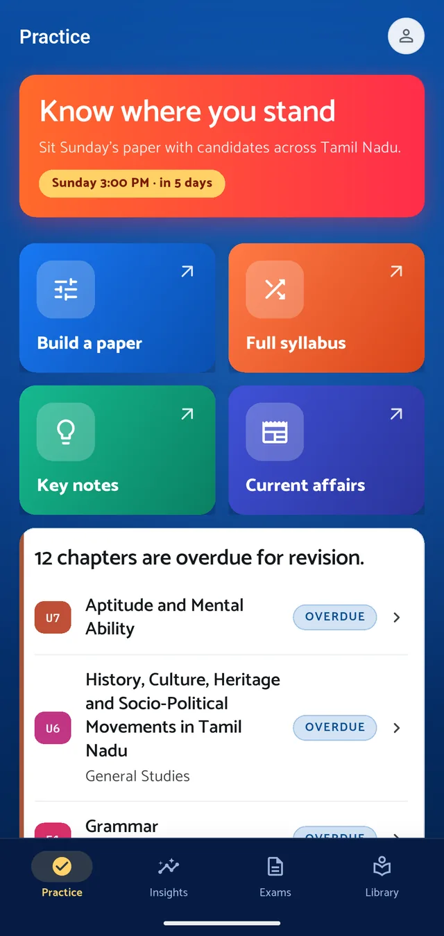 The ClearTNPSC Practice tab with 12 chapters due for revision, and key notes and current affairs a tap away